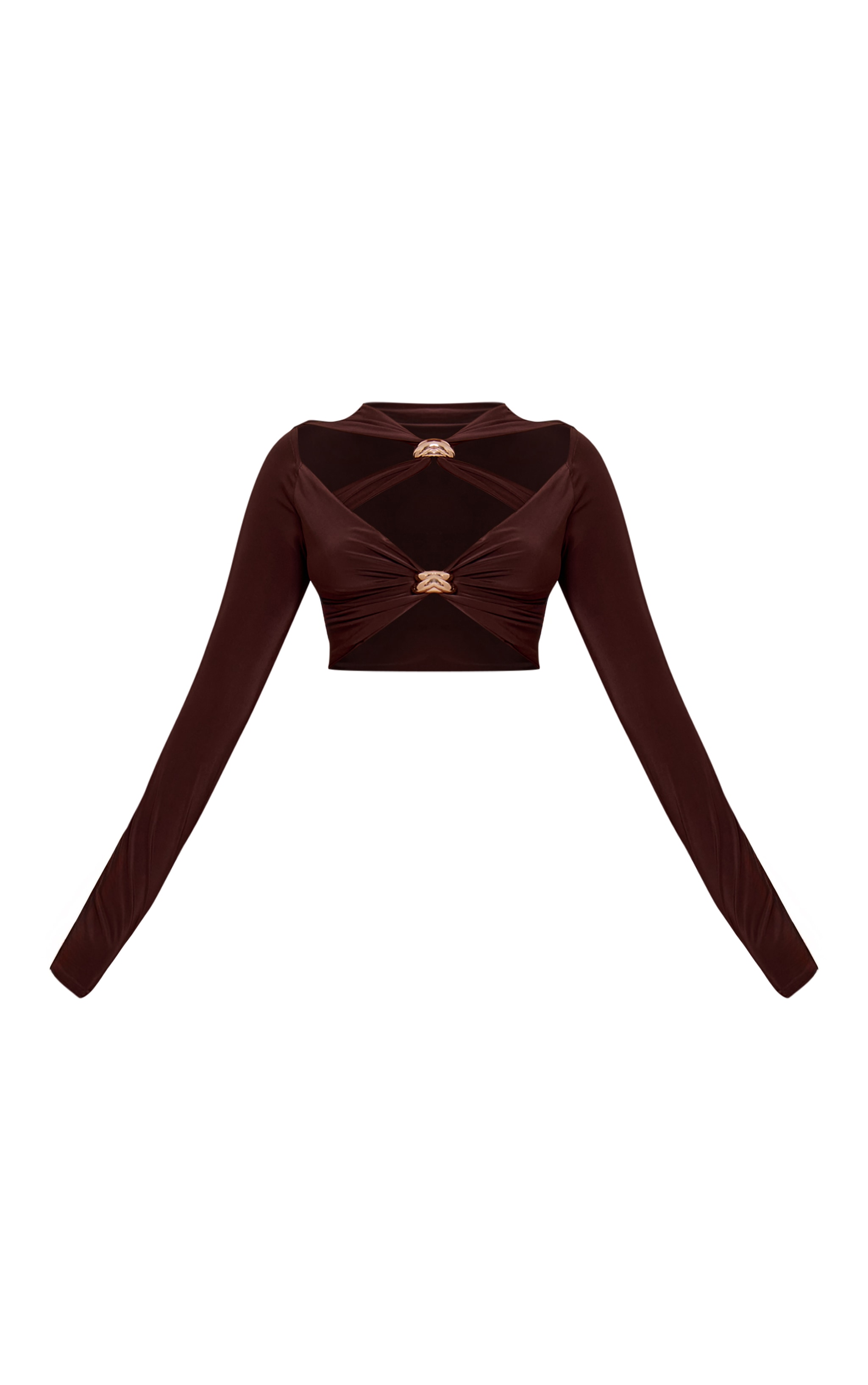 Chocolate Slinky Cut Out Long Sleeve Twist Detail Trim Crop Top image 5