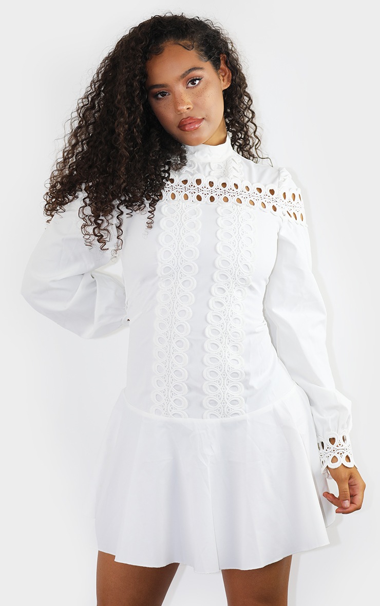 White Broderie Trim Frill Hem Shift Dress
