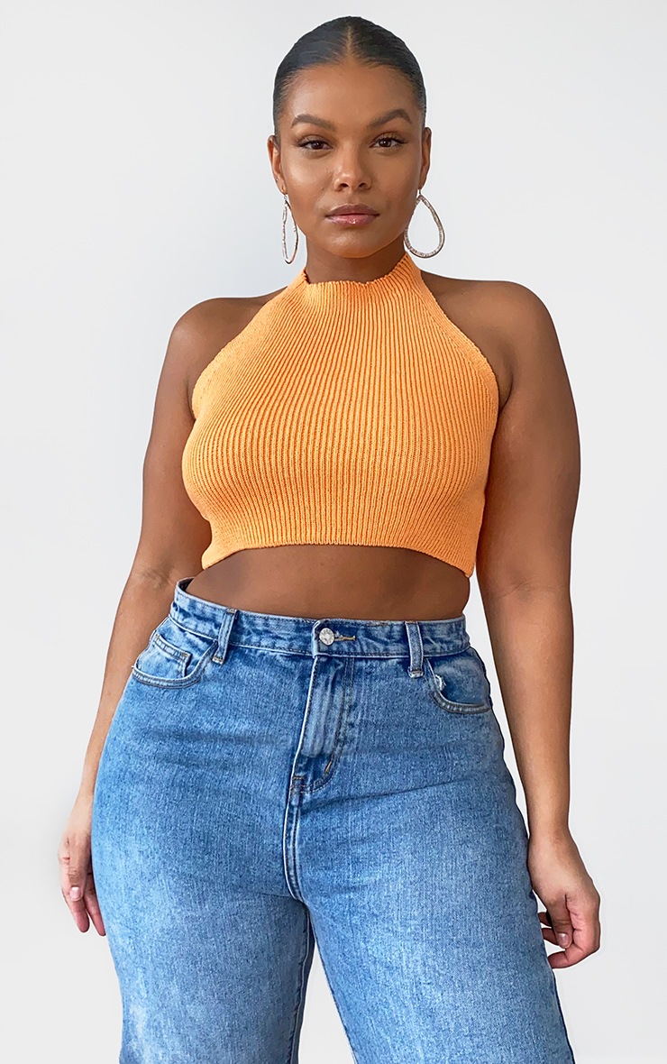 Plus Orange Knitted Halterneck Crop Top