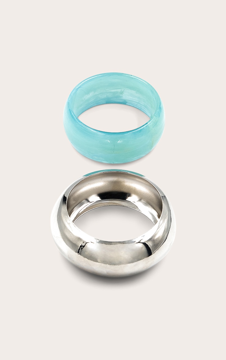 Silver and Turquoise Resin Chunky Smooth Curved Cuffs image 2