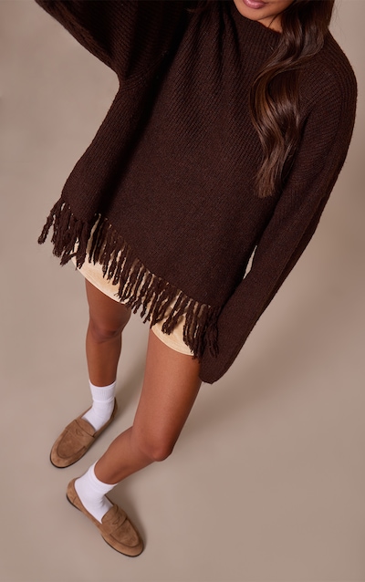 Chocolate Round Neck Fringe Hem Oversized Jumper