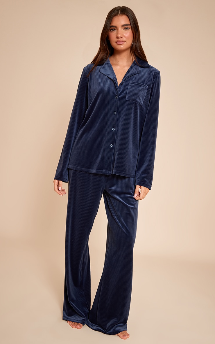 Navy Button Up Fleece Cord Style Pajama Set image 3