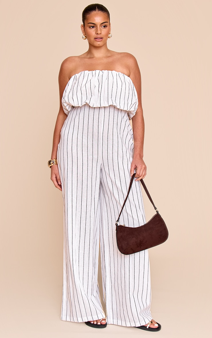 Plus Stone Stripe Textured Puffball Bandeau Straight Leg Jumpsuit image 1
