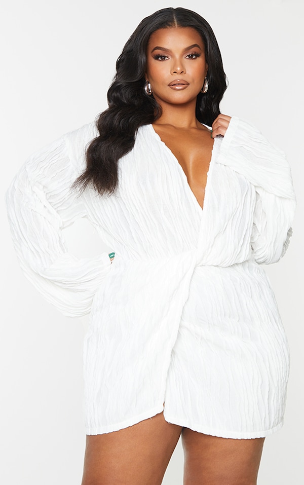Plus White Textured Wrap Front Dress