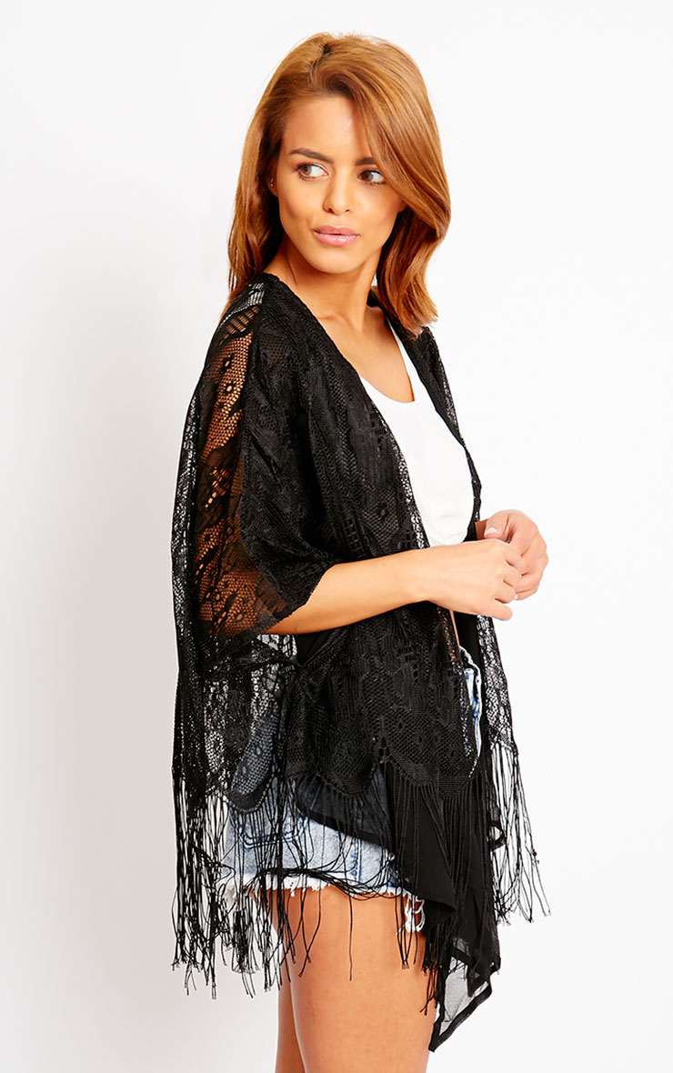 Ria Black Lace Fringe Kimono Knitwear PrettyLittleThing