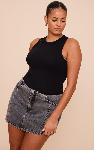 Plus Washed Grey Contrast Stitch No Waistband Denim Mini Skirt