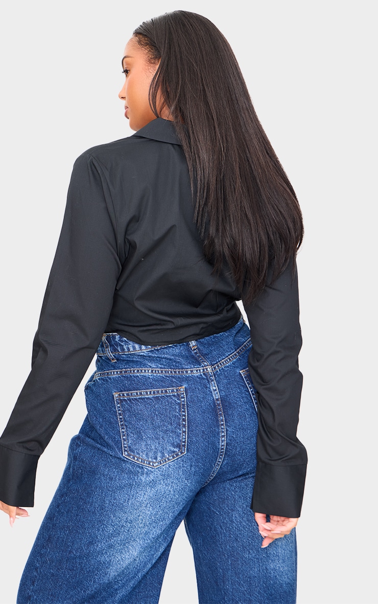 Plus Black Cropped Corset Detail Fitted Shirt image 2