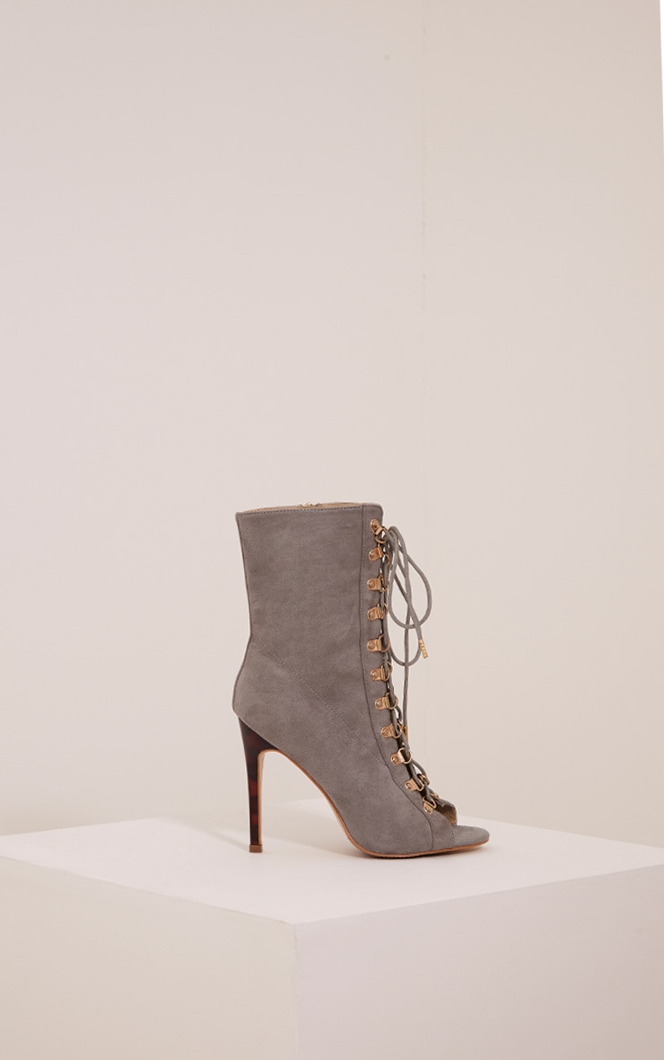 Elina Grey Lace Up Open Toe Ankle Boots High Heels