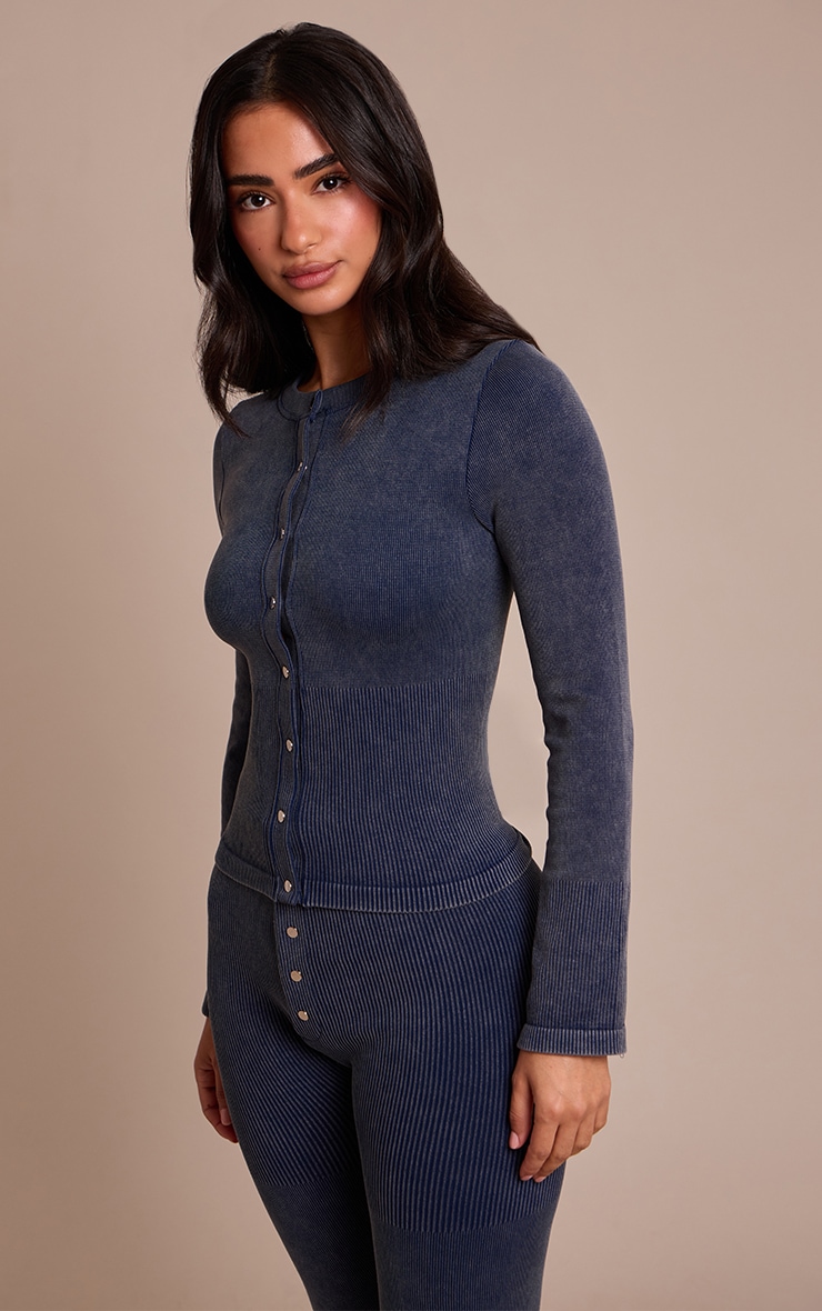 Petite Deep Navy Contour Rib Long Sleeve Button Up Long Top image 4