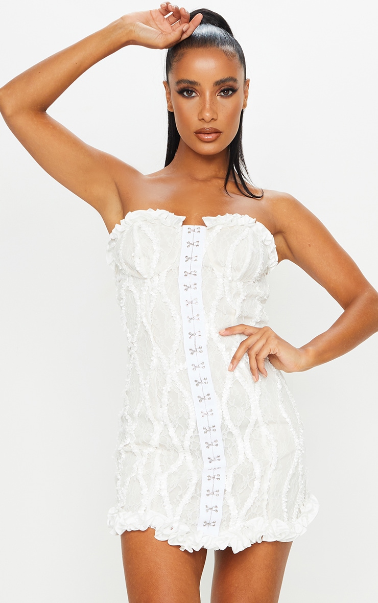 Nude Hook & Eye Lace Embroidered Bandeau Bodycon Dress