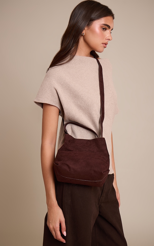 Chocolate Faux Suede Mini Bucket Crossbody Bag