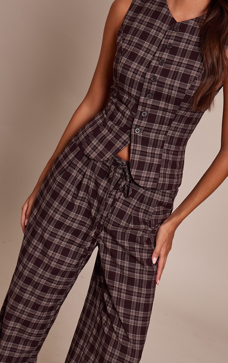 Chocolate Brown Check Print Tailored Tie Detail Woven Wide Leg Pants image 4