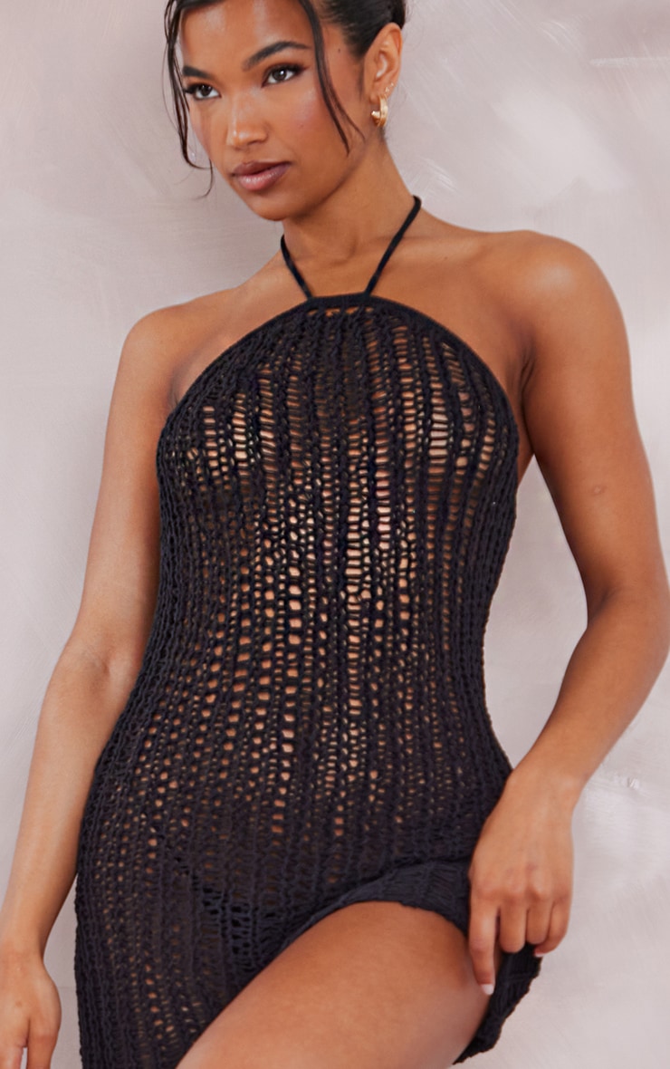 Black Crochet Laddering Halter Neck Dress image 4