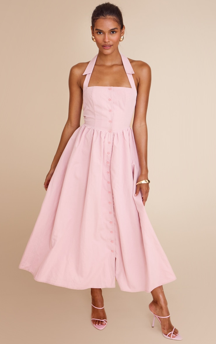Dusty Pink Woven Button Collar Midaxi Dress image 1