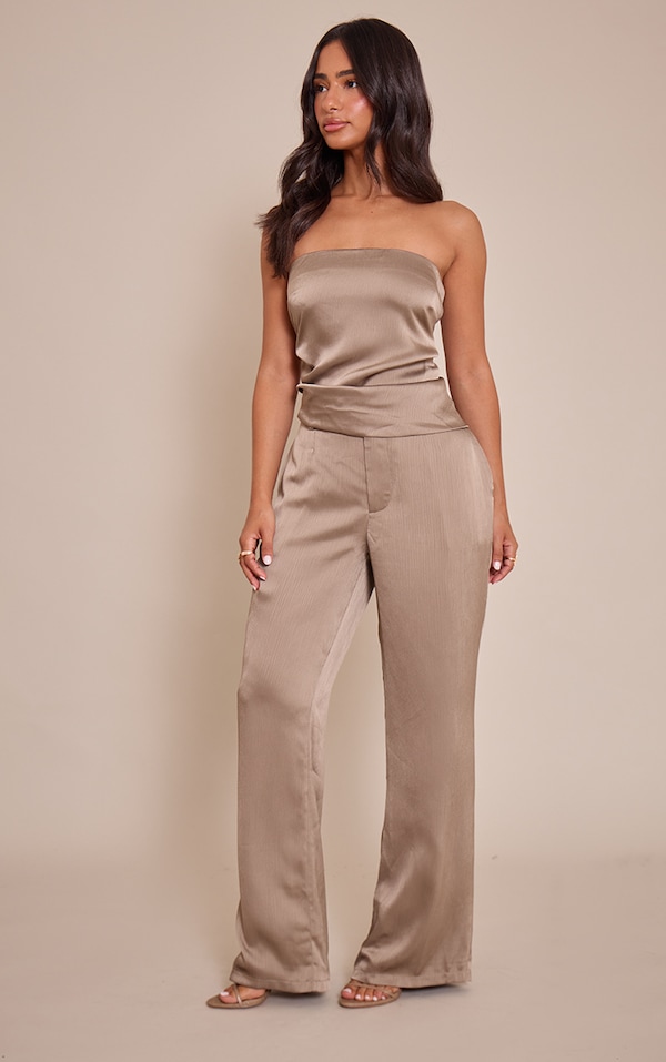 Petite Taupe Satin Straight Leg Pants