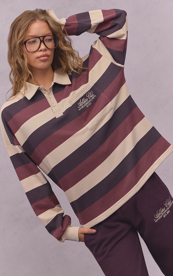 Plum and Cream Athletics Club Stripe Polo Tshirt