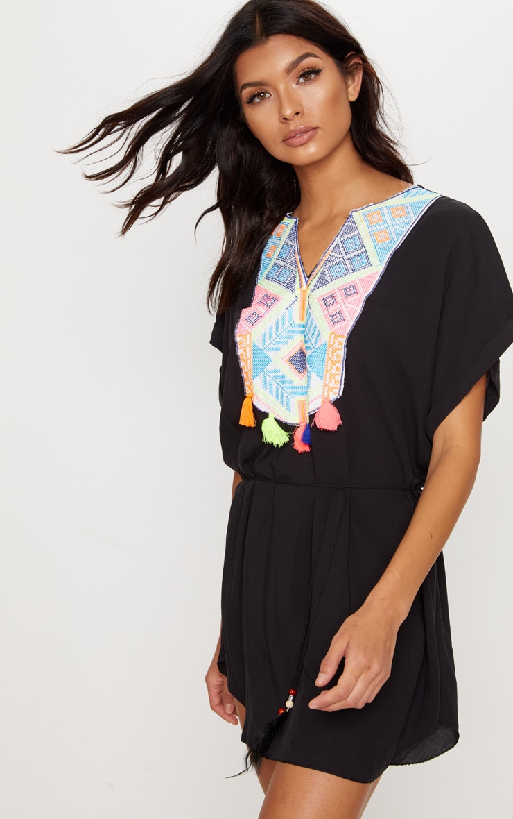 Black Embroidered Front Tassel Trim Shift Dress image 4