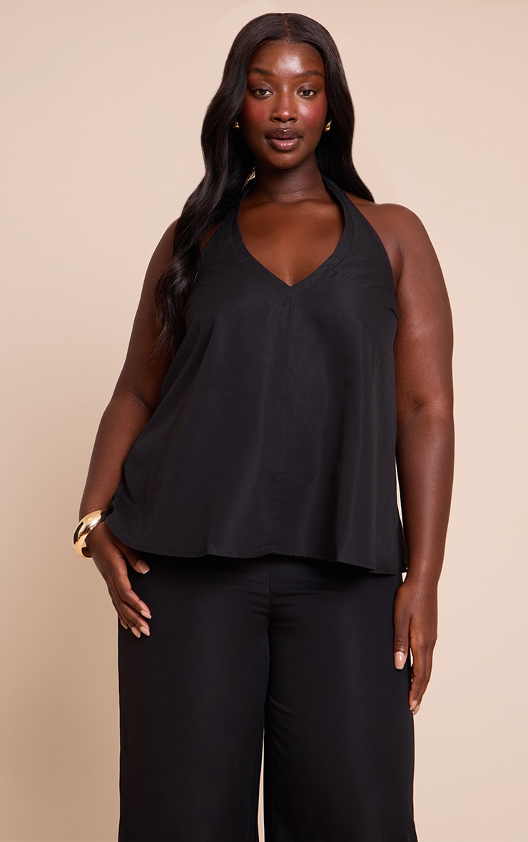 Plus Black Tailored Halter Frill Detail Top image 1