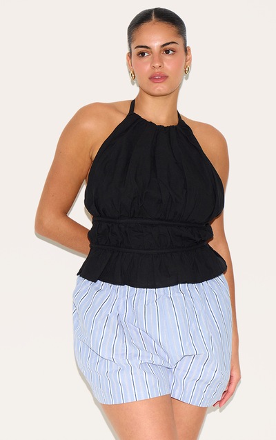 Plus Black Linen Tiered Tie Back Long Top