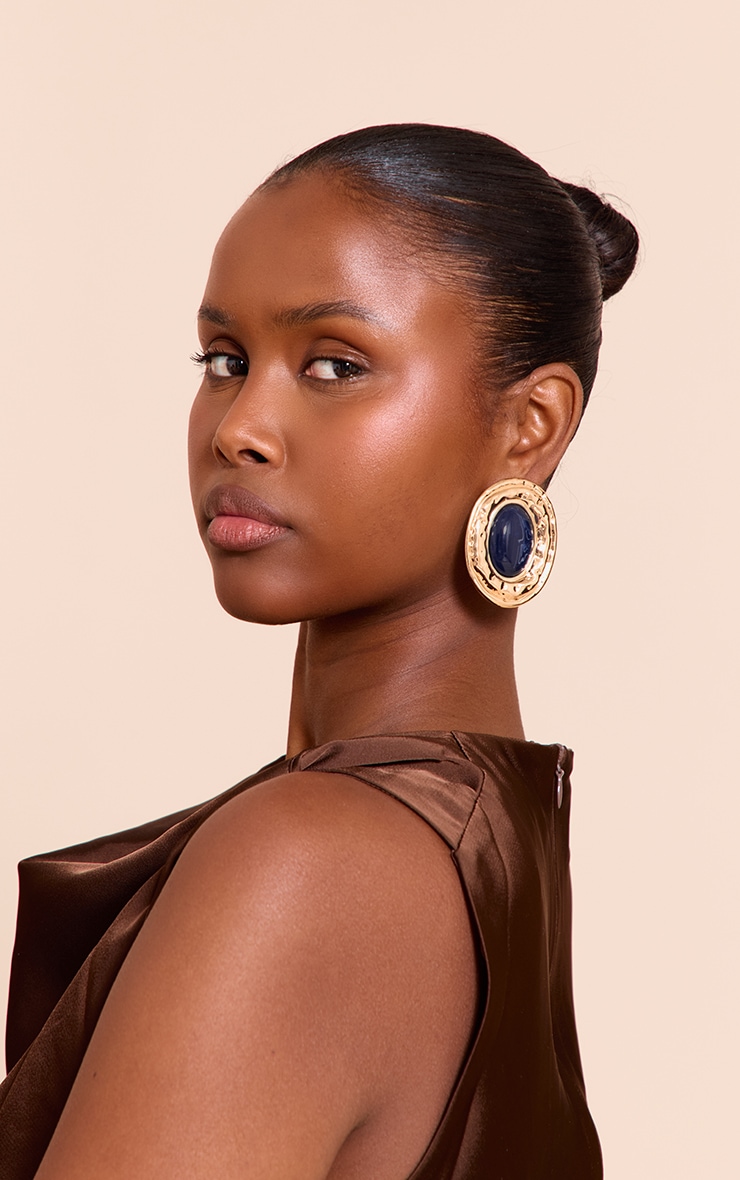 Gold Texture Navy Centre Statement Earrings image 1