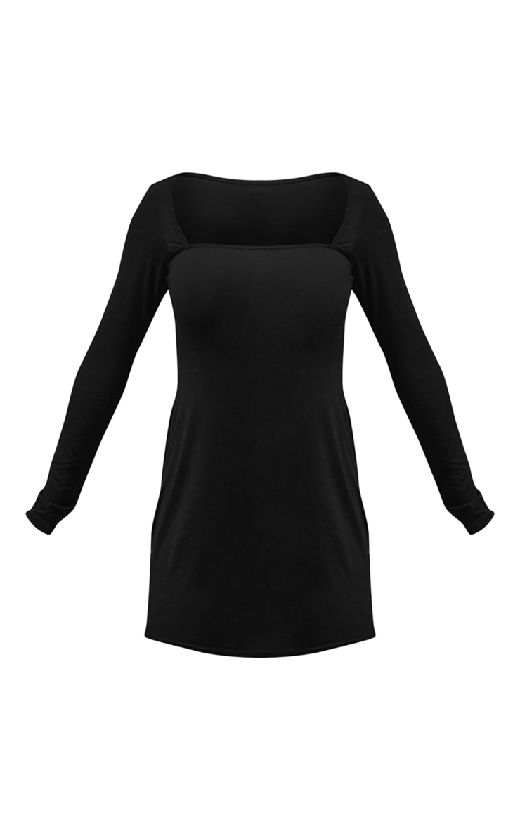 Black Square Neck Long Sleeve Jersey Shift Dress image 5