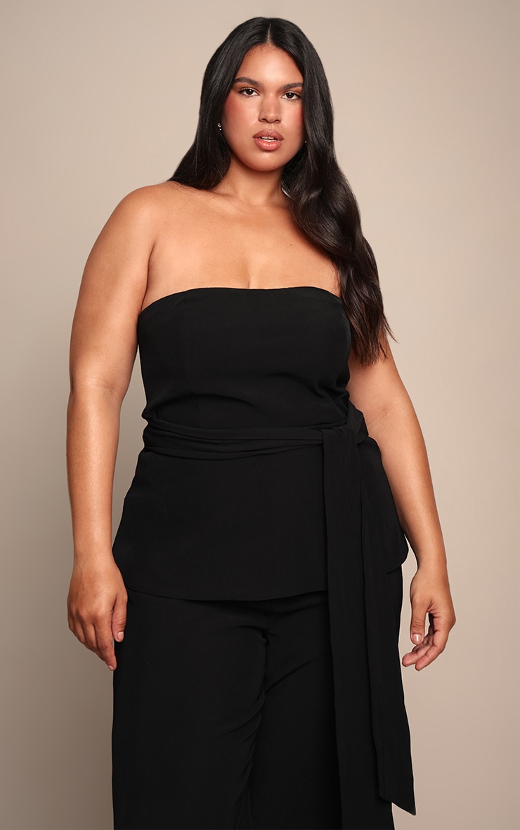 Plus Black Woven Bandeau Tie Waist Top image 1