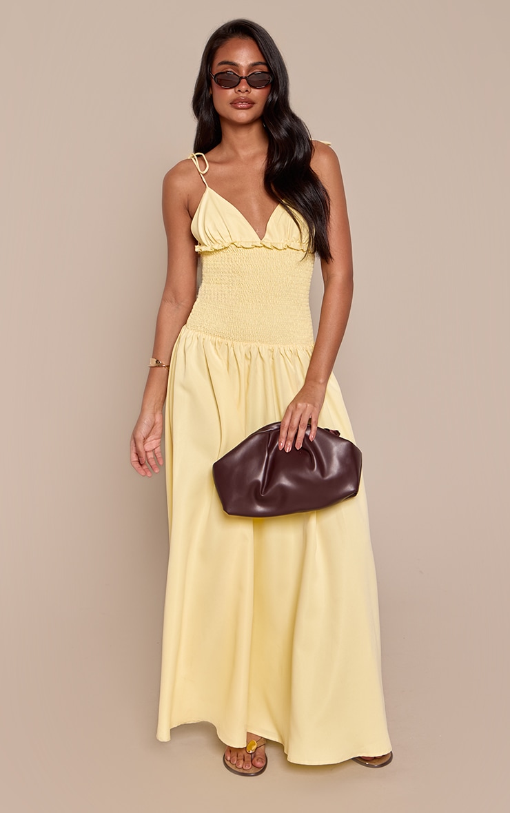 Lemon Woven Shirred Waist Strappy Maxi Dress