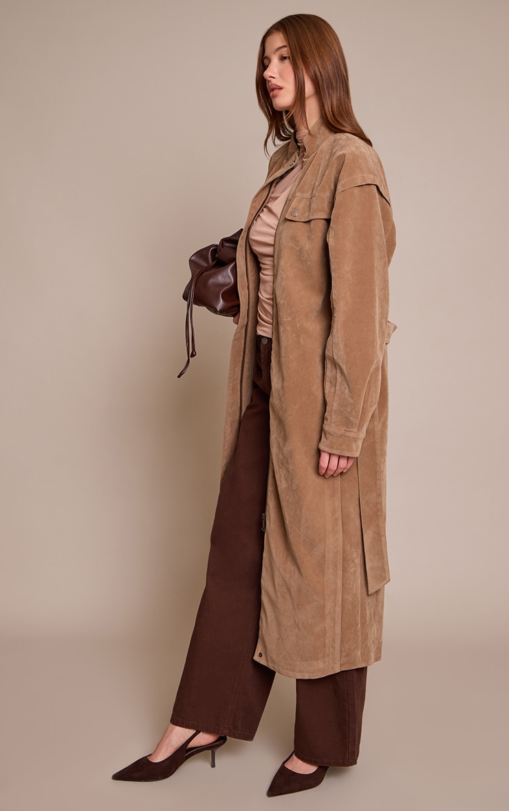 Tan Faux Suede Balloon Sleeve Covered Placket Jacket image 3