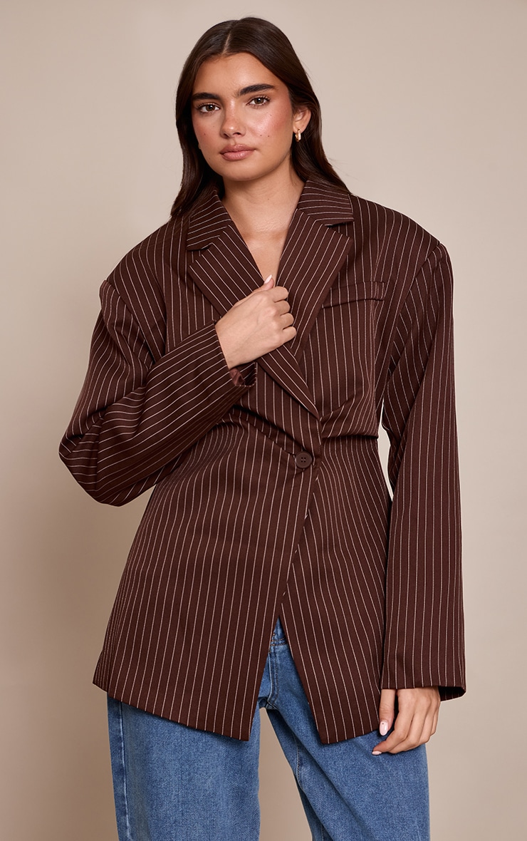 Chocolate Pinstripe Gathered Cinched Waist Blazer image 1