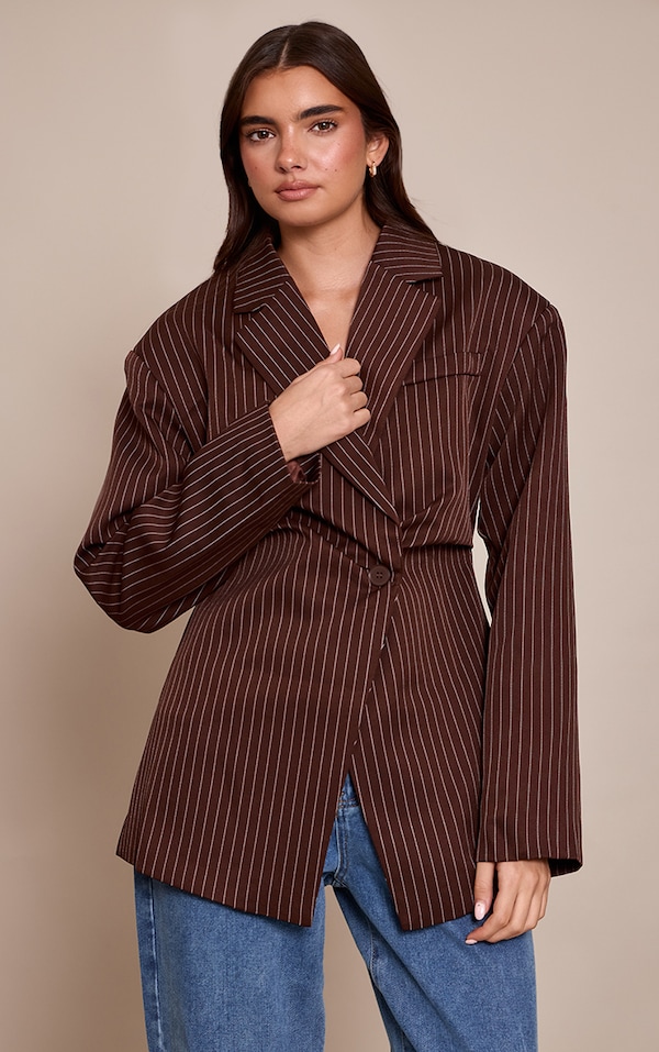 Chocolate Pinstripe Gathered Cinched Waist Blazer