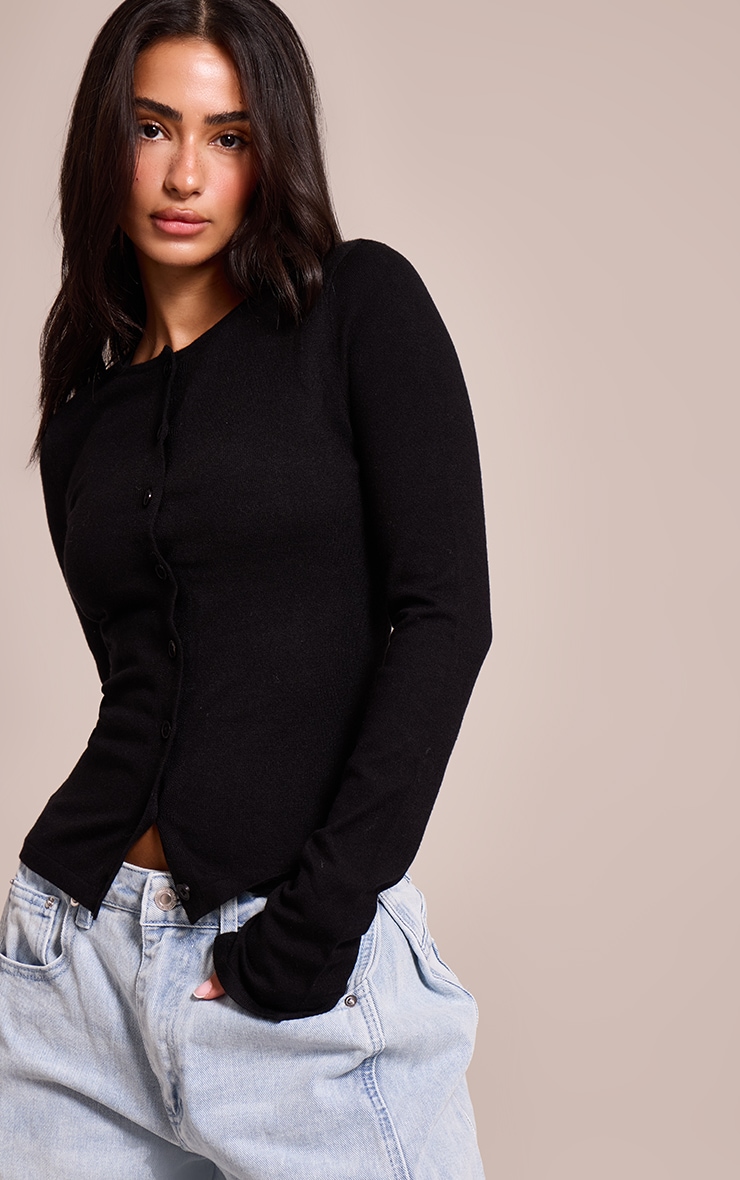 Petite Black Button Through Fine Knit Cardigan image 1