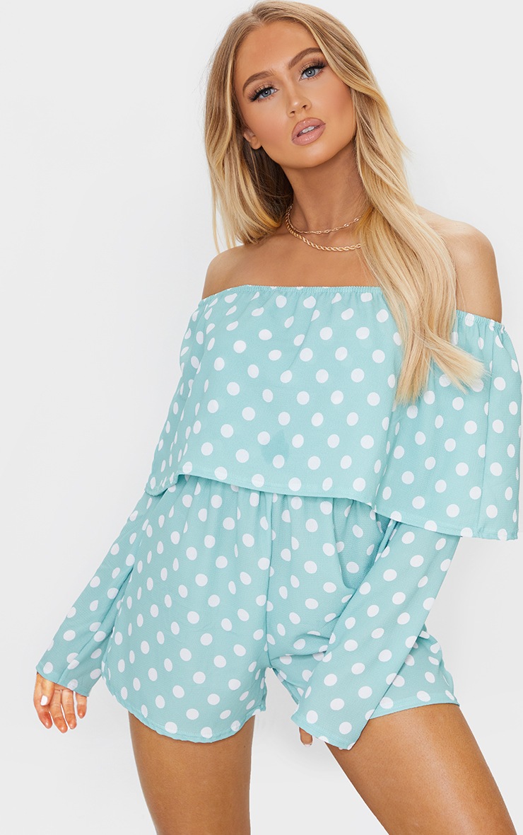 Sage Green Polka Dot Bardot Layered Romper