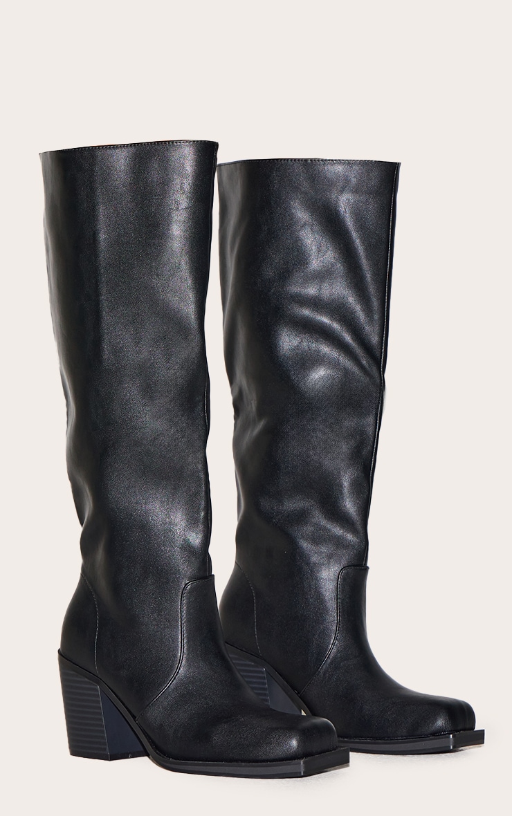 Bottes hautes carrées en PU noir à talon carré haut image 2