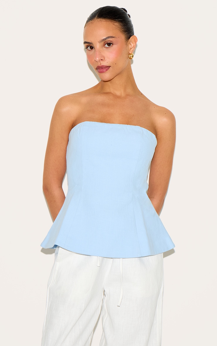 Petite Sky Blue Bandeau Peplum Structured Long Top image 1