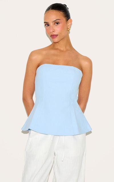 Petite Sky Blue Bandeau Peplum Structured Long Top