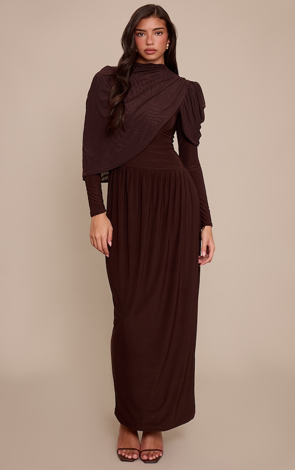 Chocolate Overlay Detail Long Sleeve Maxi Dress