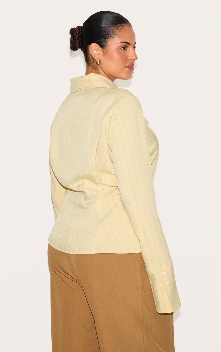 Plus Yellow Pinstripe Oversized Collar Fitted Shirt image 2