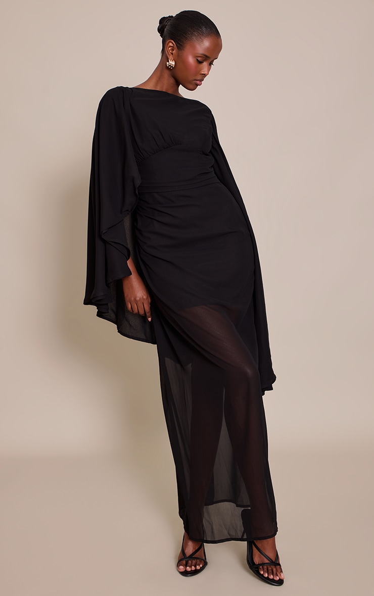 Black Chiffon Cape Detail Maxi Dress image 3