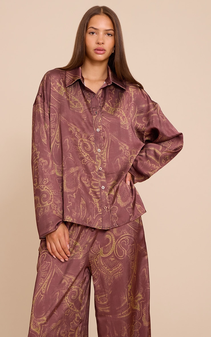 Brown Paisley Printed Satin Shirt image 4