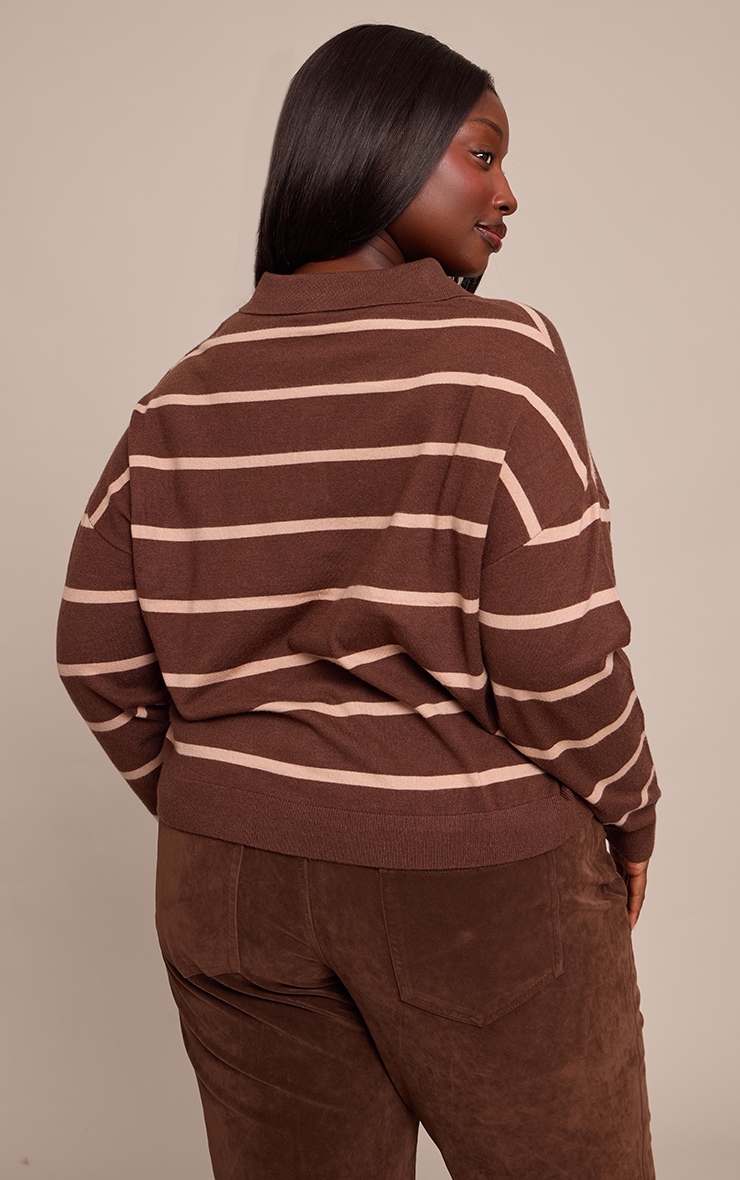 Plus Chocolate Stripe Polo Knit Long Sleeve Rugby Top image 2