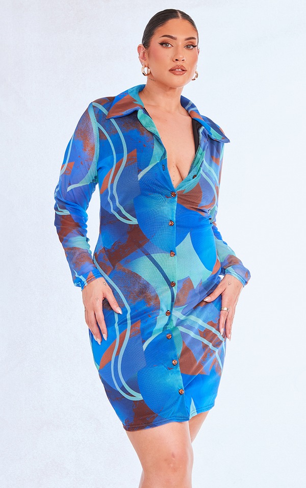Plus Blue Abstract Mesh Button Down Shirt Dress PrettyLittleThing