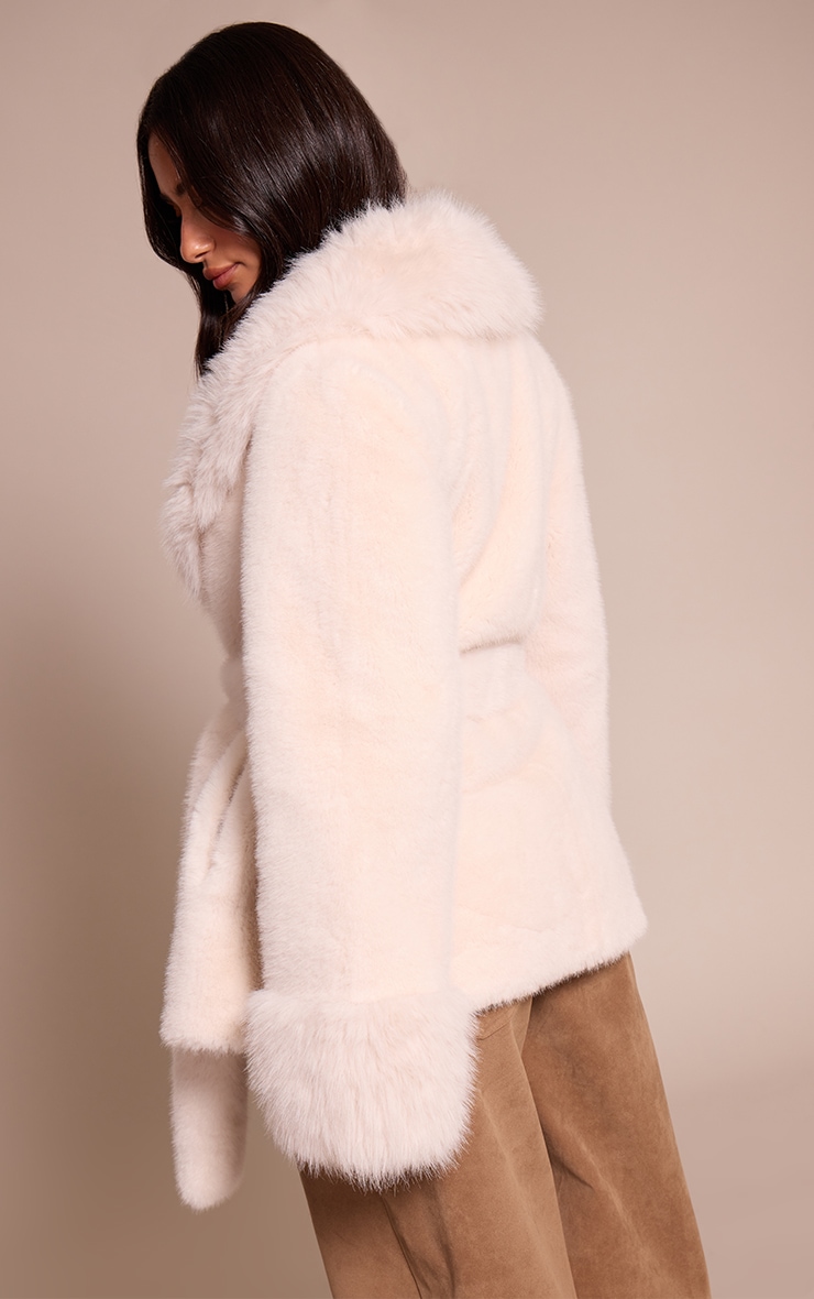 Petite Cream Plush Faux Fur Self Tie Coat image 2