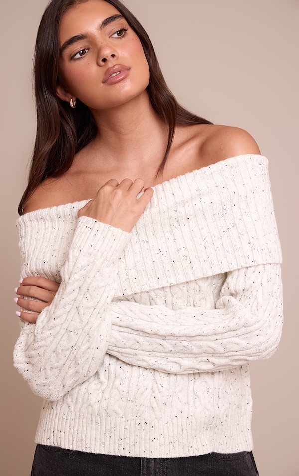 Light Grey Speckle Cable Knit Bardot Sweater