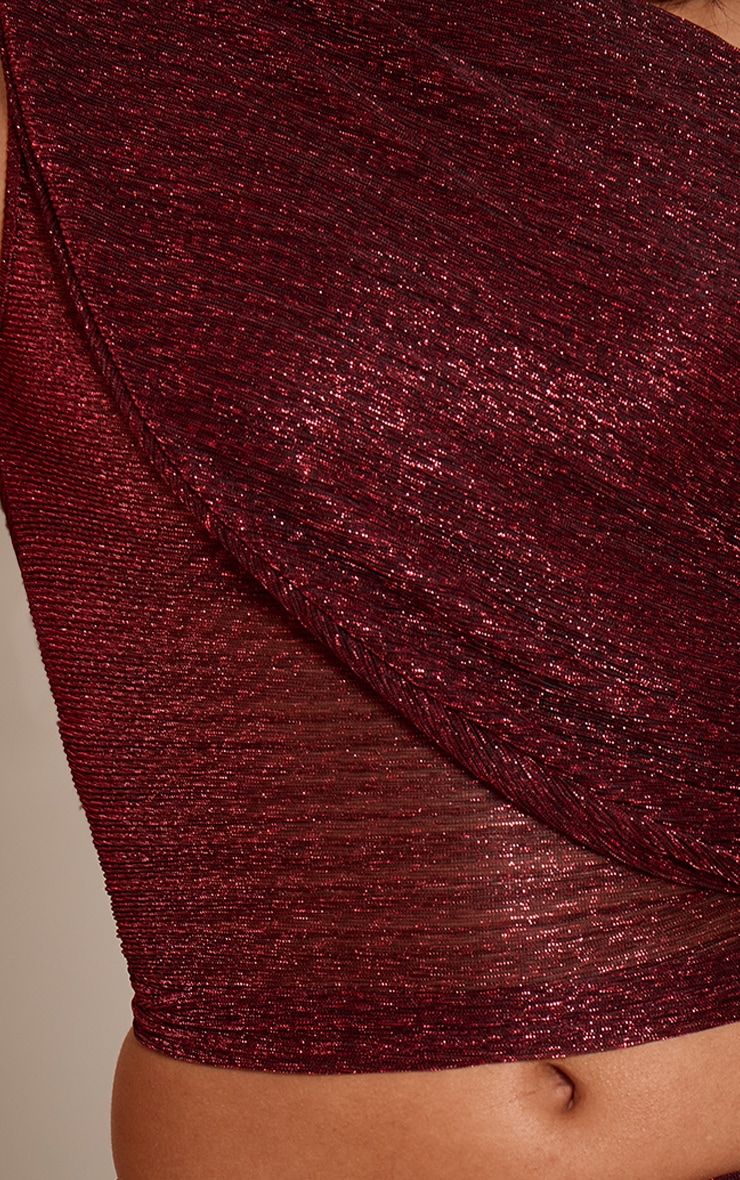 Top long drapé satiné rouge vin foncé froncé à paillettes et épaule unique image 4