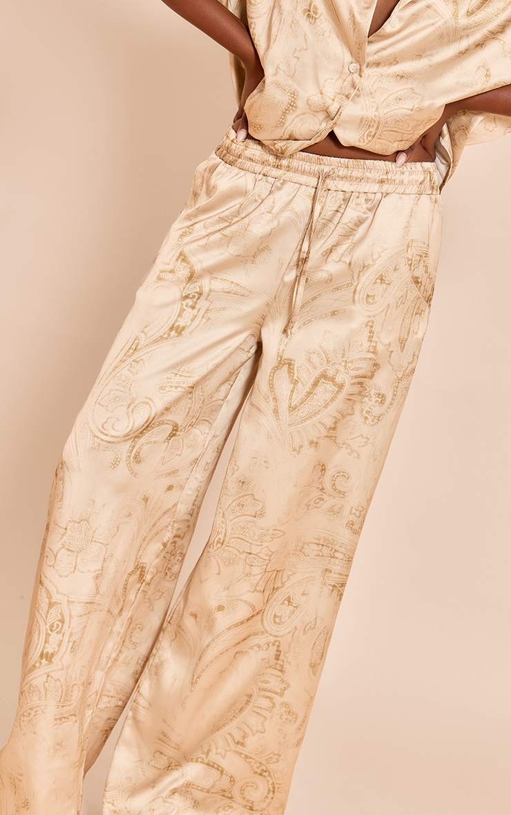 Pale Chartreuse Paisley Printed Satin Straight Leg Pants image 4