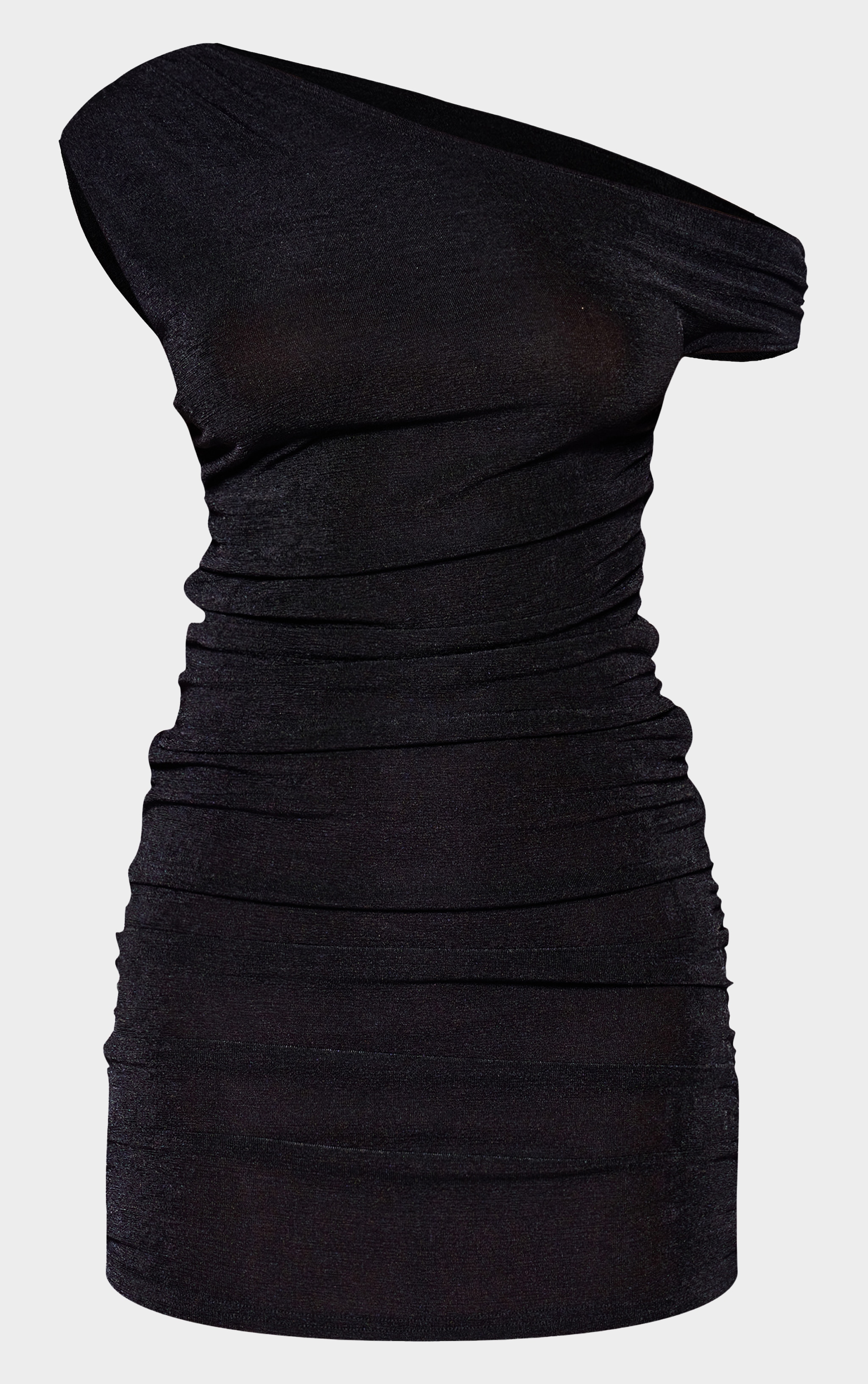 Black Slinky Acetate Ruched One Shoulder Mini Dress image 1