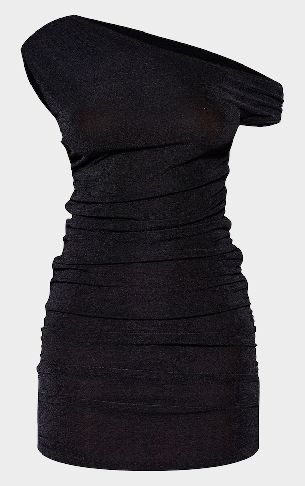 Black Slinky Acetate Ruched One Shoulder Mini Dress