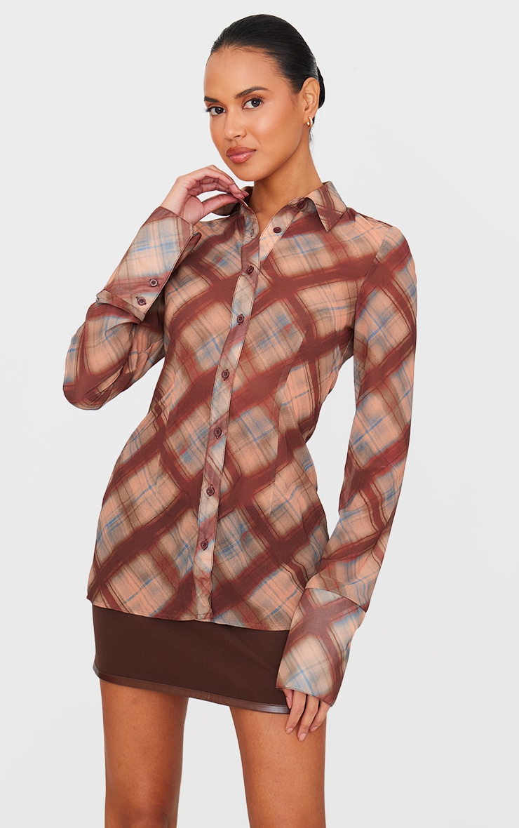 Brown Check Print Chiffon Fitted Shirt image 3