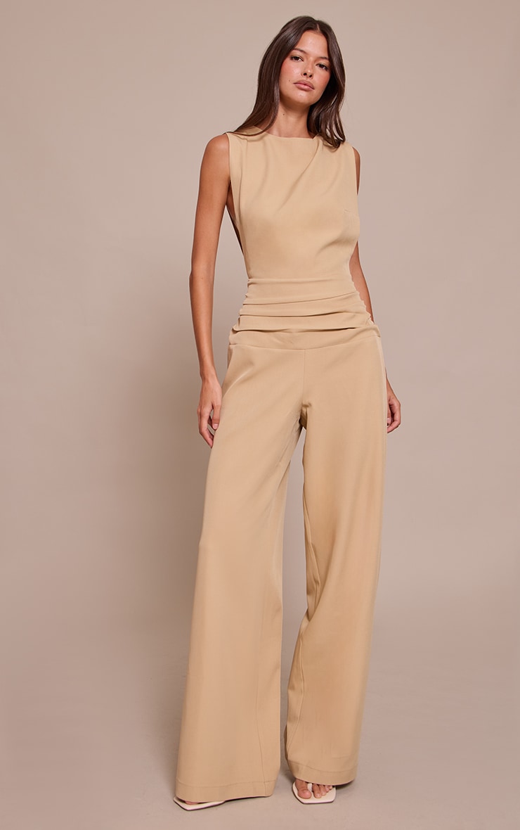 Beige Woven Crew Neck Ruched Wide Leg Jumpsuit