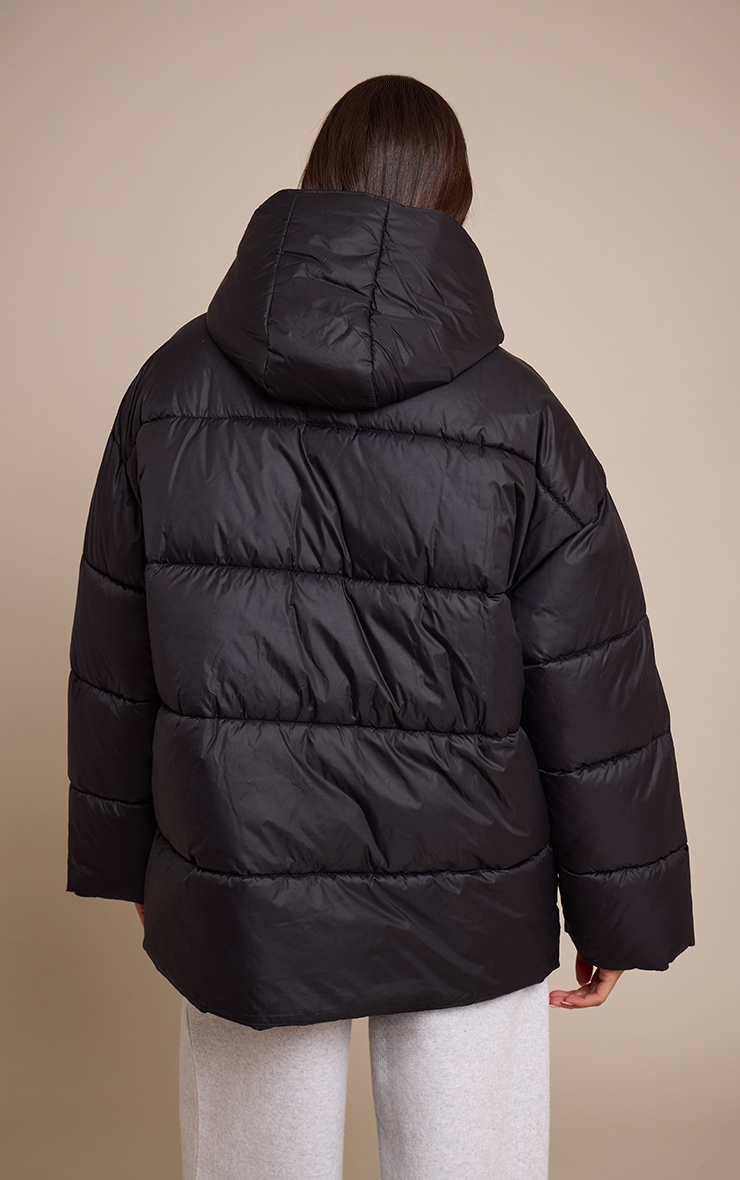 Black Oversized Hooded Puffer Jacket image 2